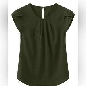 Pleated Loose Basic Blouses, Casual Round Neck Short sleeve top